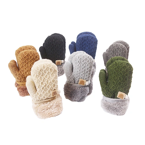 Winter Children'S Gloves Knitted Warm Velvet Thicken Gloves Baby Cute Bear Mittens Finger Lanyard Gloves