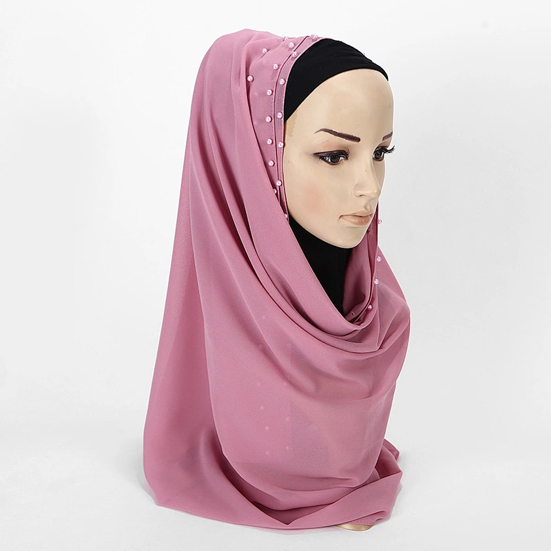 Wholesale Muslim Long Multi Color Plain Pearl Hijab Chiffon Scarf For Women