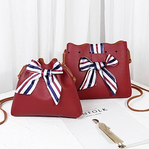 College Style Female Small Bucket Type Single Shoulder Women Cell Phone Bag Crossbody Bag With Silk Scarf Bow-Knot