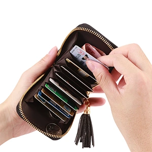 Grain Leather Card Holder Pocket Organ Card Case Zipper Wallets Coin Purse ID Window With Tassel
