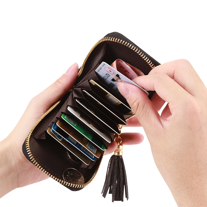 Grain Leather Card Holder Pocket Organ Card Case Zipper Wallets Coin Purse ID Window With Tassel