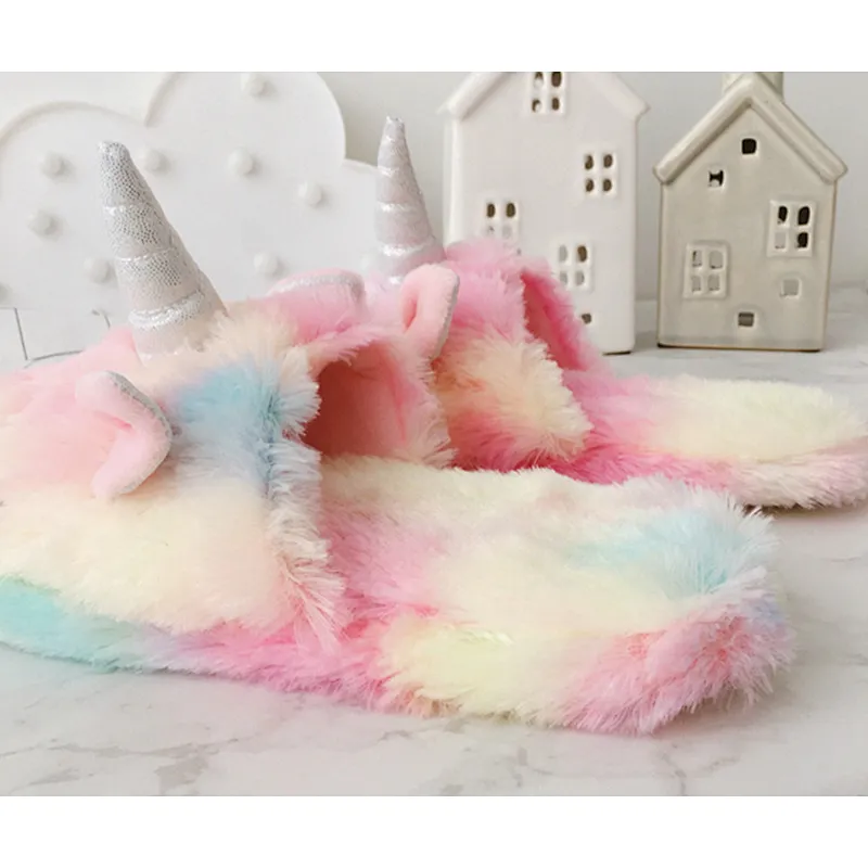 Warm Indoor Gradient Color Cartoon Slippers Fluffy Slippers Plush Sweet Unicorn Baby Girls Shoes