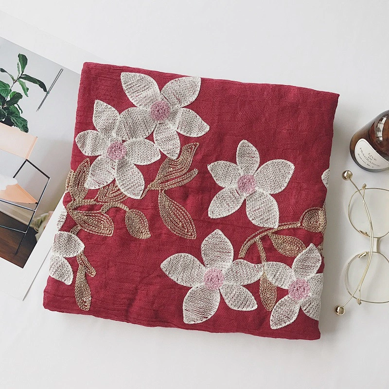 Spring style cotton and linen ethnic style flowers cotton and linen embroidery solid color scarf female linen extra long silk sc