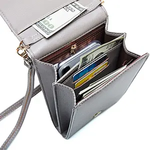 Simple Style Women PU Leather Crossbody Cell Phone Bag with Shoulder Strap Magnetic Button
