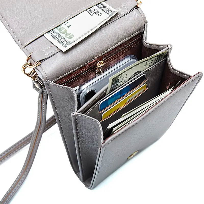 Simple Style Women PU Leather Crossbody Cell Phone Bag with Shoulder Strap Magnetic Button