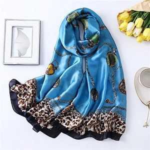 Leopard clock chain printed women sunscreen shade china brand silk scarf pareo beach towel