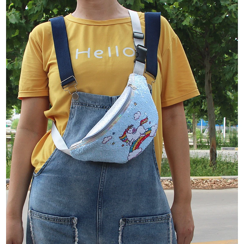 Reversible Flip Unicorn Pattern Design Sequin Belt Bag Unicorn Sequin Kids Waist Bag, Adjustable Waist Pack Bag
