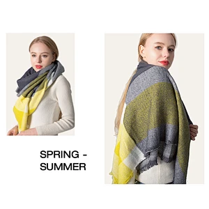 European American New Yellow-Grey Cashmere Large Plaid Square Scarf Female Enlarged Double-Sided Shawl