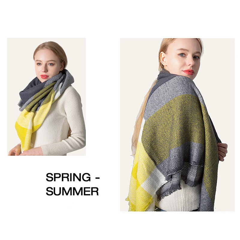 European American New Yellow-Grey Cashmere Large Plaid Square Scarf Female Enlarged Double-Sided Shawl