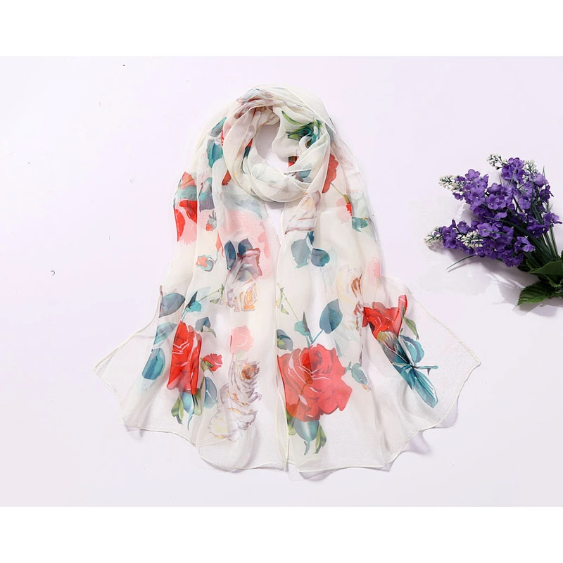 Summer sunscreen georgette scarf seaside beach towel wholesale long ladies rose printed scarf thin scarf
