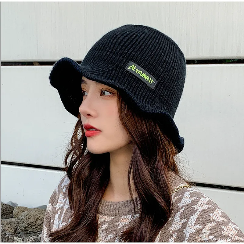 Lady Winter Plain Wide Brim Fashion Warm Terry Labeled Knitted Wool Bucket Hat