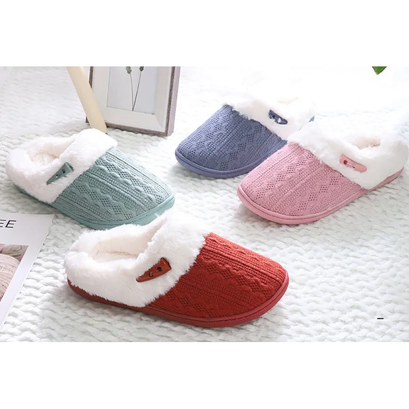 Autumn Winter Warm Jacquard Knitted Fabrics Plush Unisex Indoor Slippers Shoe