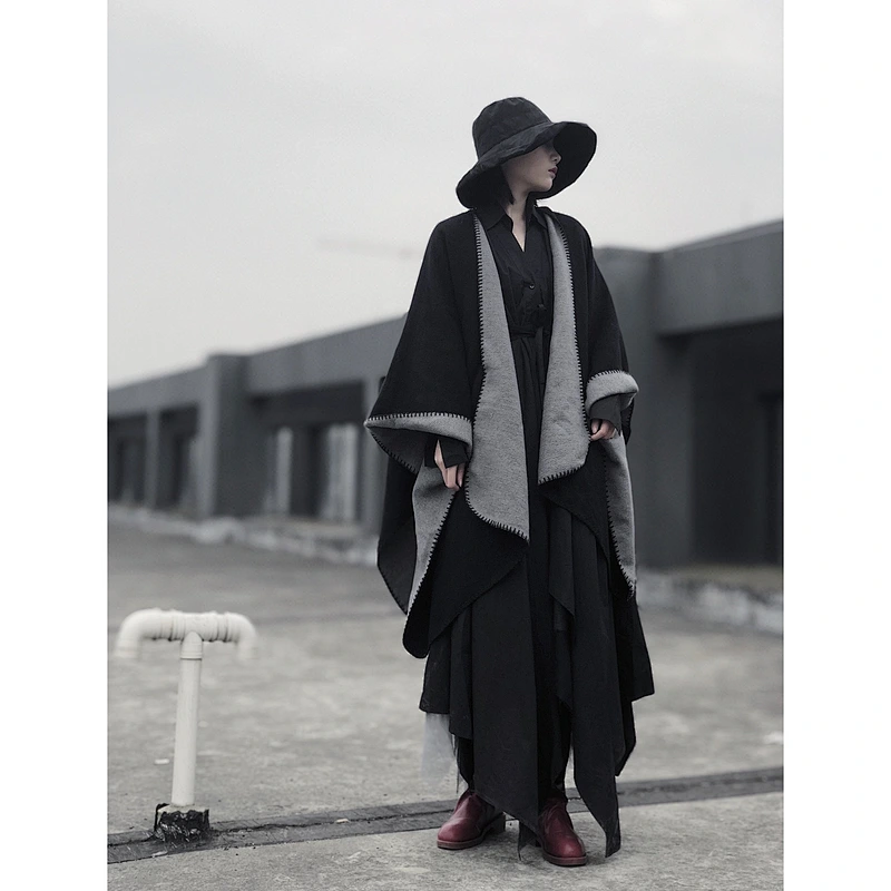 Nordic Style Cashmere Tie-Dye Black White Double-Sided Shawl Decorative Scarf Simple Cloak Warm Thick Shawl