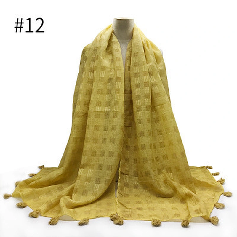 New autumn gold thread woven lattice muslim cotton tassel scarf women hijab