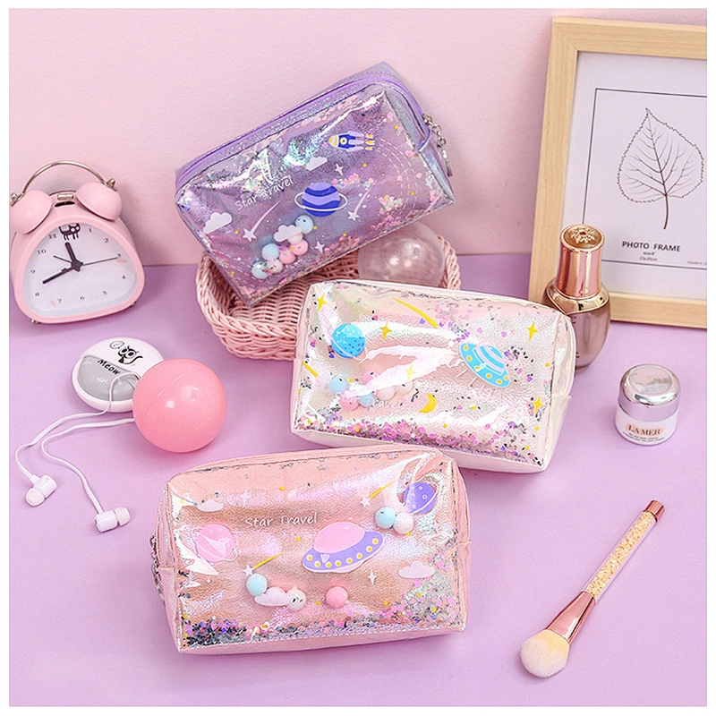 Cute Large Capacity Planet Quicksand Cosmetic Bag Girl Women Portable Small Travel Bag