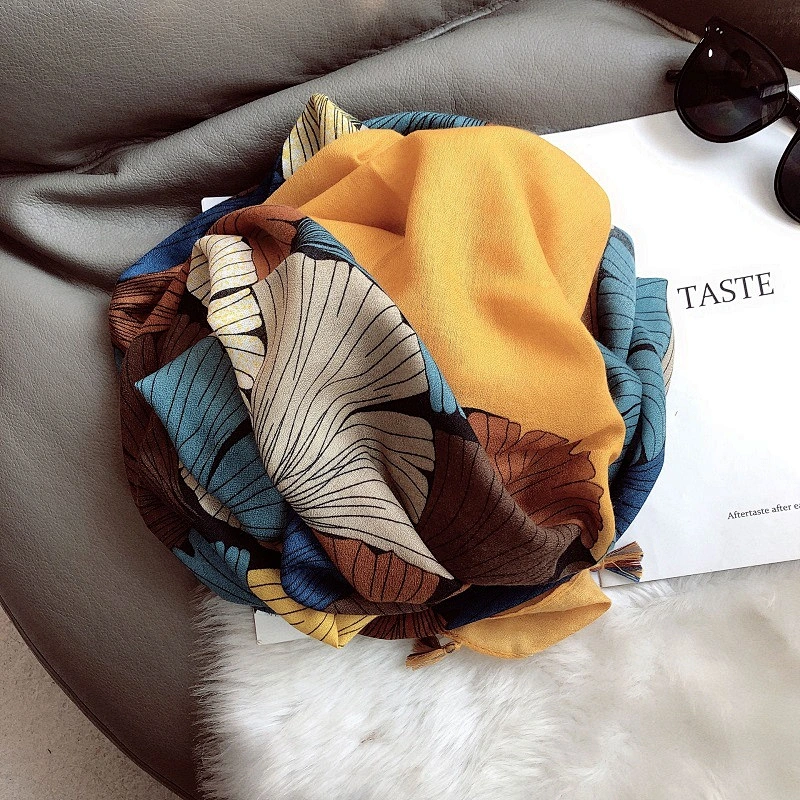Cotton And Linen Feel Fashionable Retro Ginkgo Printing Fringed Scarf Long Scarf Shawl