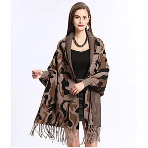Euramerican Autumn Winter New Style Camouflage Tassel Knit Shawl Cardigan Shawl Cape For Women
