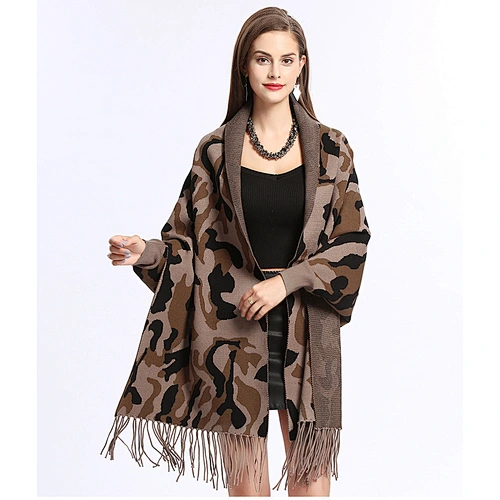 Euramerican Autumn Winter New Style Camouflage Tassel Knit Shawl Cardigan Shawl Cape For Women