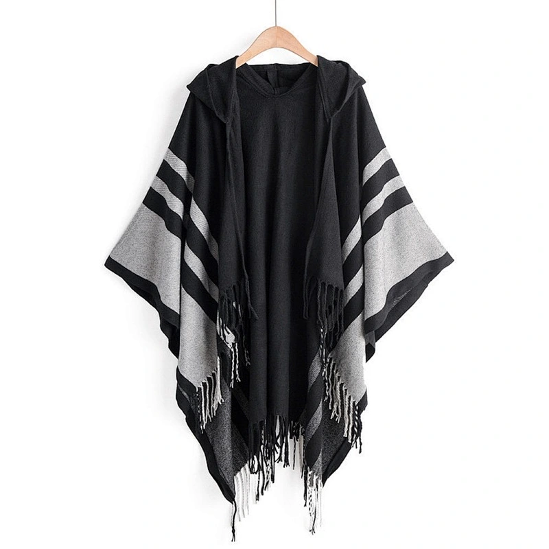 2021 Wholesale Autumn Winter Ladies Cape Shawl With Hood Warm Tassel Scarf Shawl Dual-Use Thick Shawl