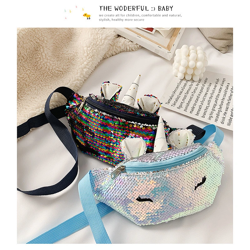 Wholesale sequined chest bag new children waist bag fashion cartoon unicorn sequin outdoor waist bag