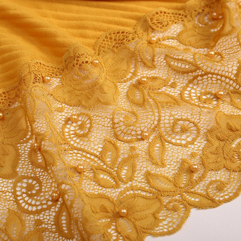 Single Color Cotton Crease Women'S Long Lace Stitching Pearl Length Wholesale Lace Hijab Scarf