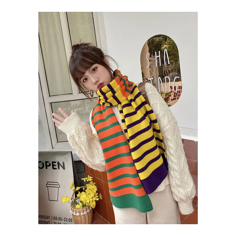 Nordic Style Lengthened Contrast Striped Wool Scarf Female Winter Student Warm Knitted Scarf