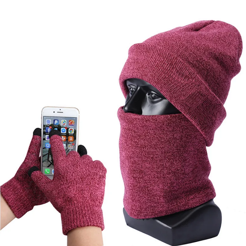 Unisex Knitted Warm Ski Winter Slouchy Outdoor Sports Acrylic Beanie Touch Screen Cap Scarf Hat Glove Sets