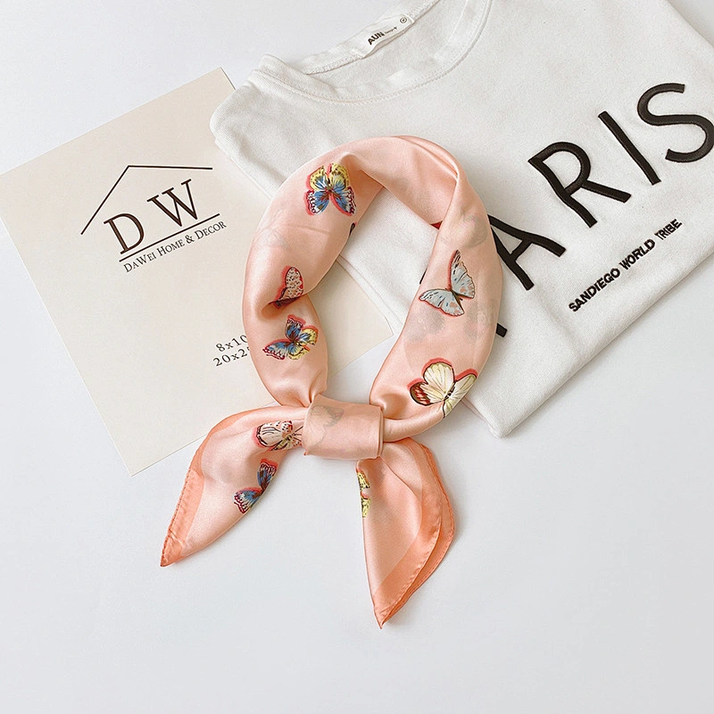 2020 summer new small butterfly printed silk scarf female simulation silk scarf curled small square scarves