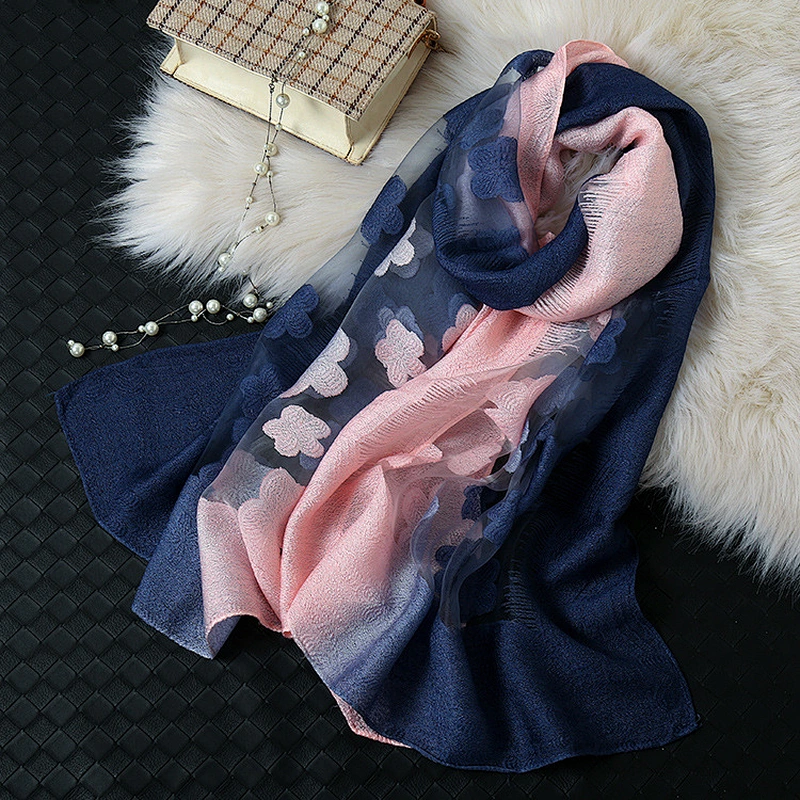 Fashion Women Jacquard Hollow Lace Gradient Silk Scarf Spring Shawls and Wraps Towel Femme Beach Sjaals