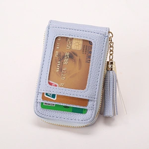 Grain Leather Card Holder Pocket Organ Card Case Zipper Wallets Coin Purse ID Window With Tassel