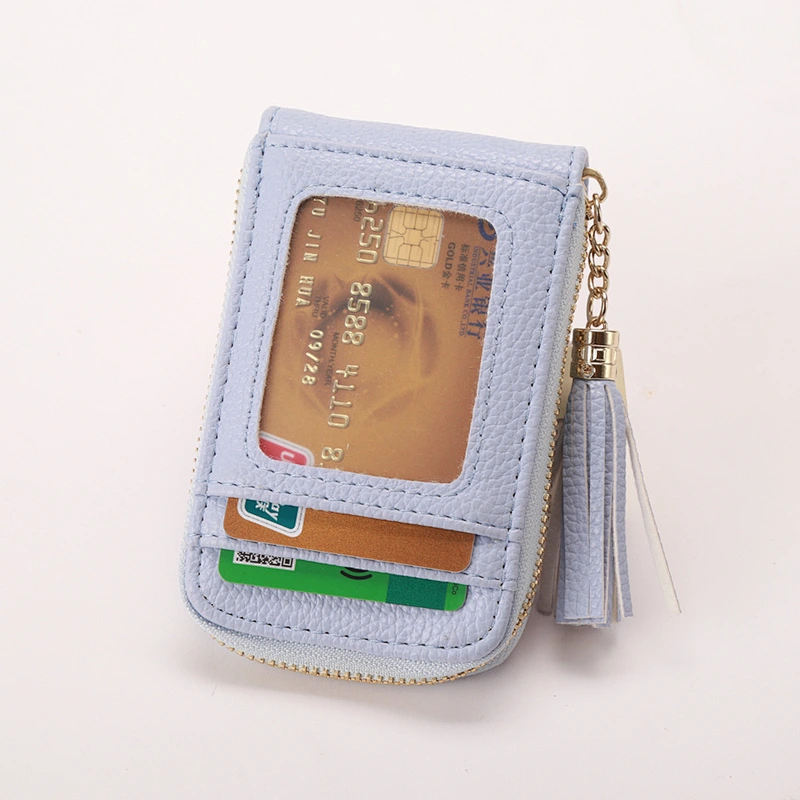 Grain Leather Card Holder Pocket Organ Card Case Zipper Wallets Coin Purse ID Window With Tassel
