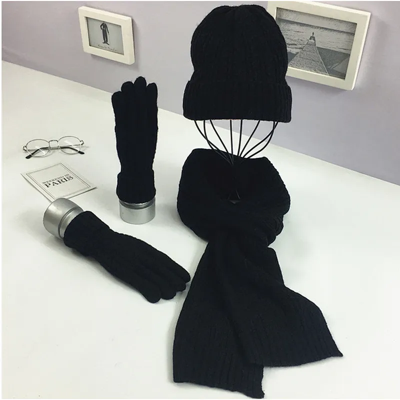 New Winter Knit Hat New Cable Warm  Soft Wool Hat Scarf  Gloves 3 Pieces Set