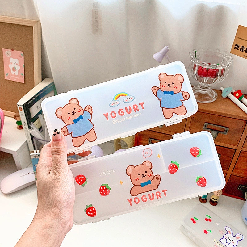Girl Ins Double-Layer Pencil Case Creative Korean Cute Cartoon Pencil Case Japanese Frosted Stationery Box