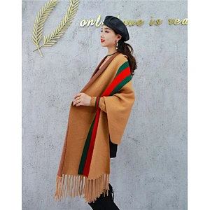 Western Style Ladies Double Side Warm Tassels Fringe Vertical Stripe Long Cashmere Poncho Shawl