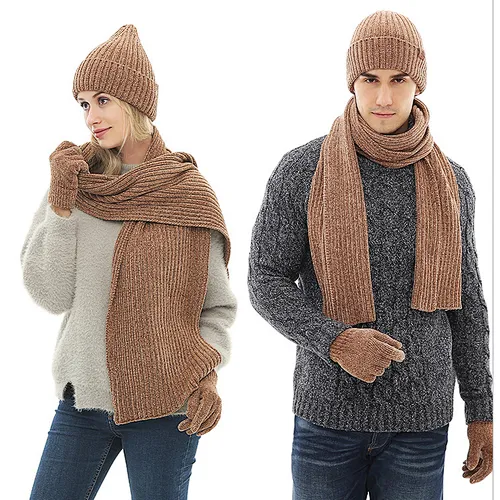 Fashion Stripes Cap 3 PC Men Women's Winter Knitted Hat Cap Hat Scarf Glove Sets