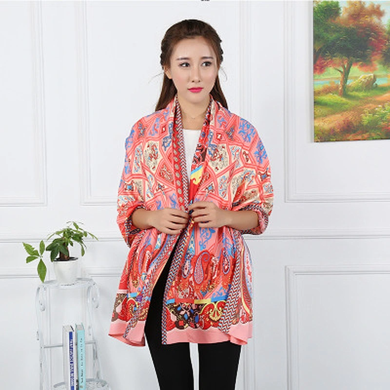 Spring and summer new fashion printed silk scarf long section simulation silk sunscreen beach towel shawl