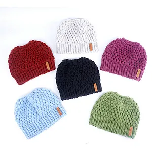 Winter Ladies Pure Color Ponytail Knitted Hat Fashion Hollow Ear Protection Woolen Hat