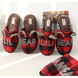 british checkered knitted warm plush cotton slippers men's women's waterproof non-slip mute home shoes