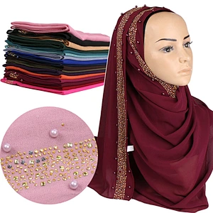 Islamic Lady pure color hot drill pearl women scarf chiffon muslim pearl hijab scarf
