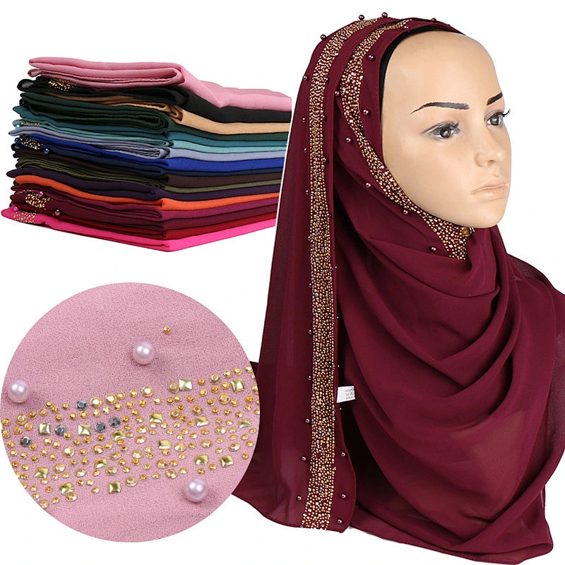 Islamic Lady pure color hot drill pearl women scarf chiffon muslim pearl hijab scarf