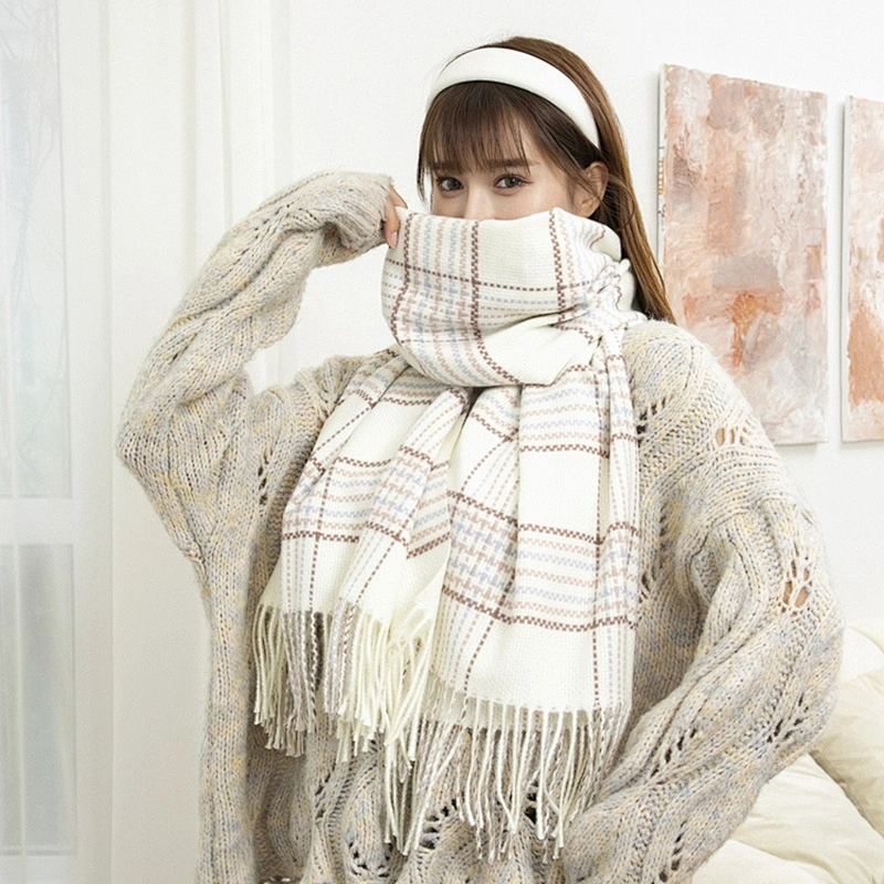 New Style Solid Lattice Stripes Alternation Long Scarf Wool Korean Design Winter Cashmere Shawl