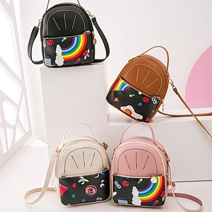 2020 New Korean Trend Simple Casual Soft Leather Mini Backpack Rainbow Printing Female Student School Bag