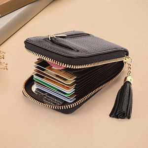 Grain Leather Card Holder Pocket Organ Card Case Zipper Wallets Coin Purse ID Window With Tassel