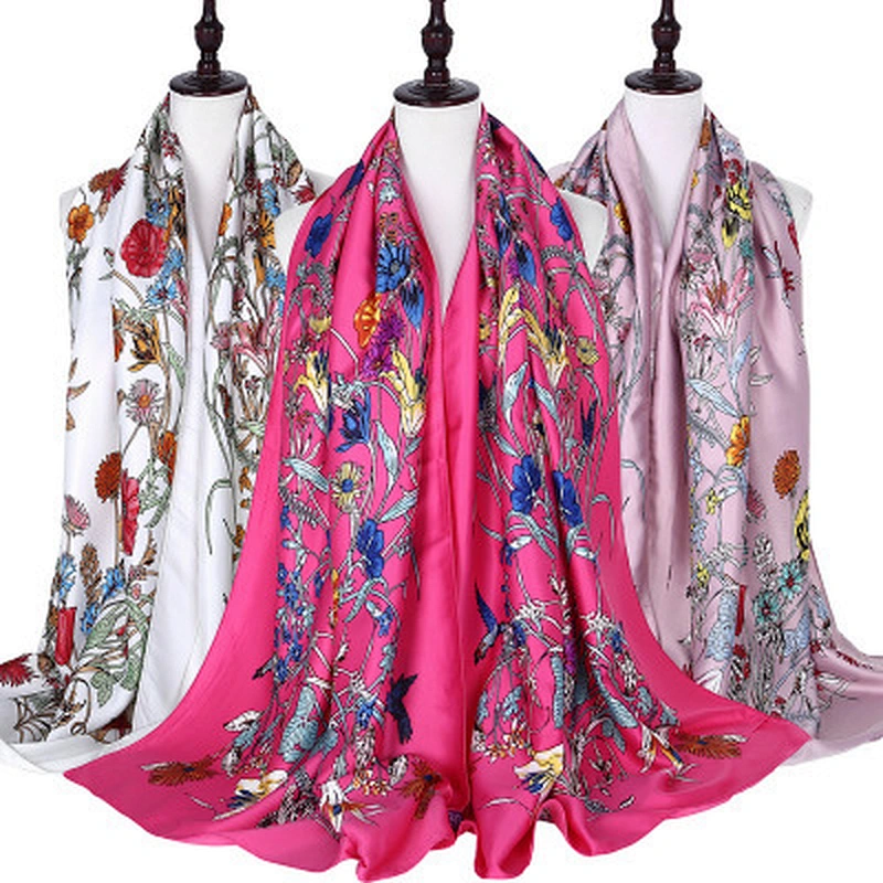 Spring new classic flower pattern printed silk ladies fashion scarf beach shawl for women