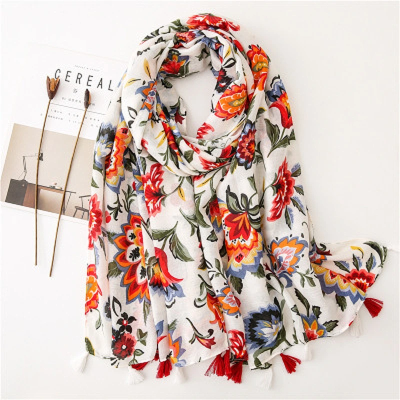 Summer travel sunscreen shawl temperament wild color flowers printed polyester scarf female
