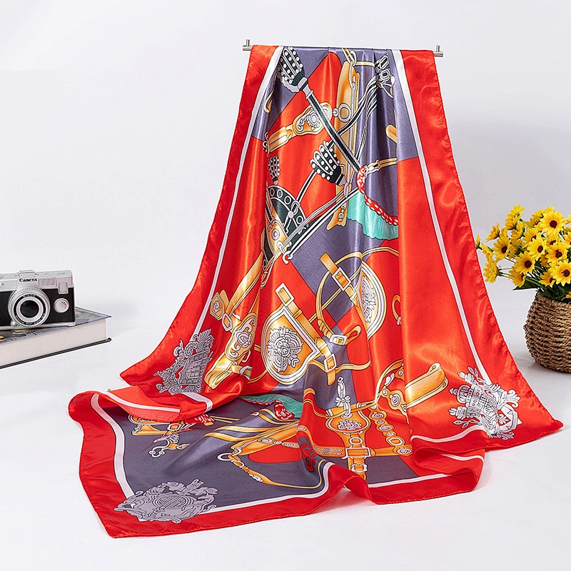 Crown print simulation silk large sunscreen scarf wild ladies 90x90 satin silk square scarf