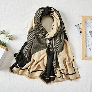 American New Geometric Blue Beige Cashmere Scarf Women'S Warmth Thick Jacquard Double-Sided Shawl