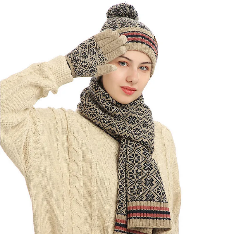 New Winter Knit Hat New Jacquard Print Warm Acrylic Hat Scarf Touch Screen Gloves 3 Pieces Set