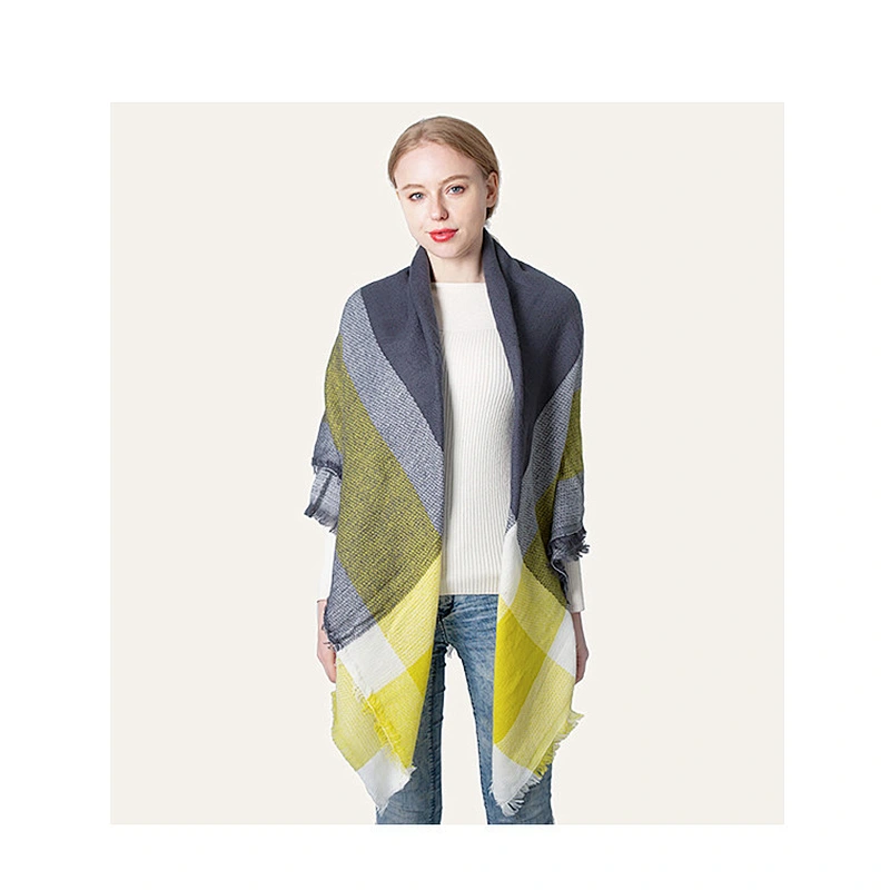 European American New Yellow-Grey Cashmere Large Plaid Square Scarf Female Enlarged Double-Sided Shawl