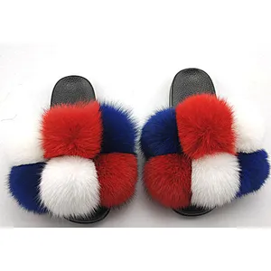 Wholesale Custom Logo Indoor Sandals Women Ladies Luxury Colorful Fluffy Fur Slipper